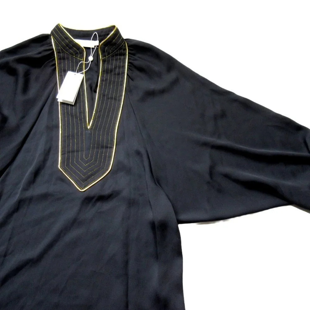 NWT Tory Burch Puffed-sleeve Tunic Dress in Black Belted Gold Trim Midi XS $498